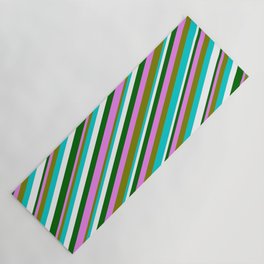 [ Thumbnail: Colorful Violet, Green, Dark Turquoise, White & Dark Green Colored Lines/Stripes Pattern Yoga Mat ]