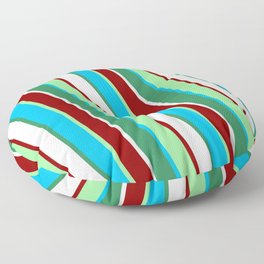 [ Thumbnail: Vibrant Green, Deep Sky Blue, Sea Green, White & Dark Red Colored Lines Pattern Floor Pillow ]