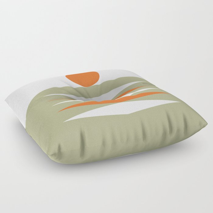 Abstract Geometric Sunrise 16 in Sage Green Orange Floor Pillow