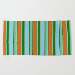 [ Thumbnail: Chocolate, Aquamarine, Sky Blue & Green Colored Stripes Pattern Beach Towel ]