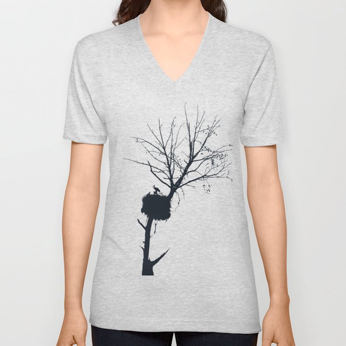 Silhouette Of Stalk Nest and Fledglings Vector V Neck T Shirt