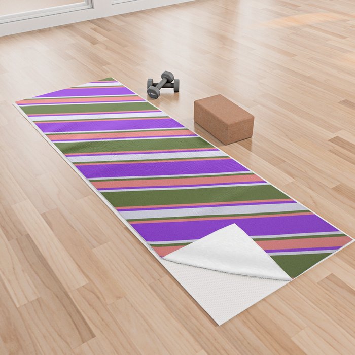 Dark Olive Green, Light Coral, Purple & Lavender Colored Stripes/Lines Pattern Yoga Towel