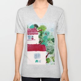Village houses in the woods watercolor V Neck T Shirt