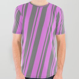 [ Thumbnail: Violet & Gray Colored Lines Pattern All Over Graphic Tee ]