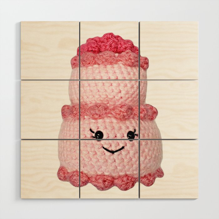 Cute Pink Crochet Cake Amigurumi Wood Wall Art