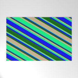 [ Thumbnail: Tan, Green, Blue, and Dark Green Colored Lines/Stripes Pattern Welcome Mat ]