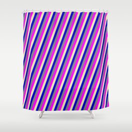 [ Thumbnail: Pale Goldenrod, Blue, Grey, and Fuchsia Colored Stripes Pattern Shower Curtain ]