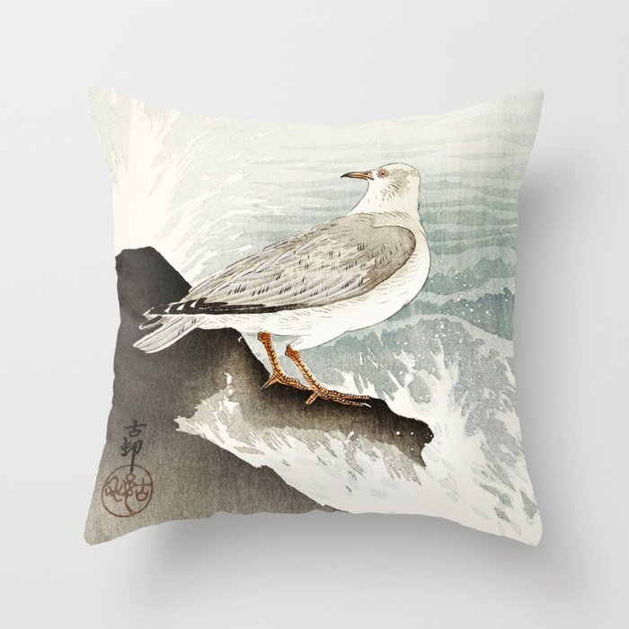 Seagulls at the beach - Vintage Japanese woodblock print Art Throw Pillow