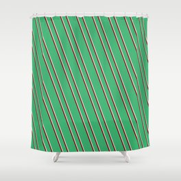 [ Thumbnail: Sea Green, Light Gray, and Maroon Colored Lined Pattern Shower Curtain ]