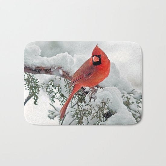 Cardinal on Snowy Branch #3 Bath Mat