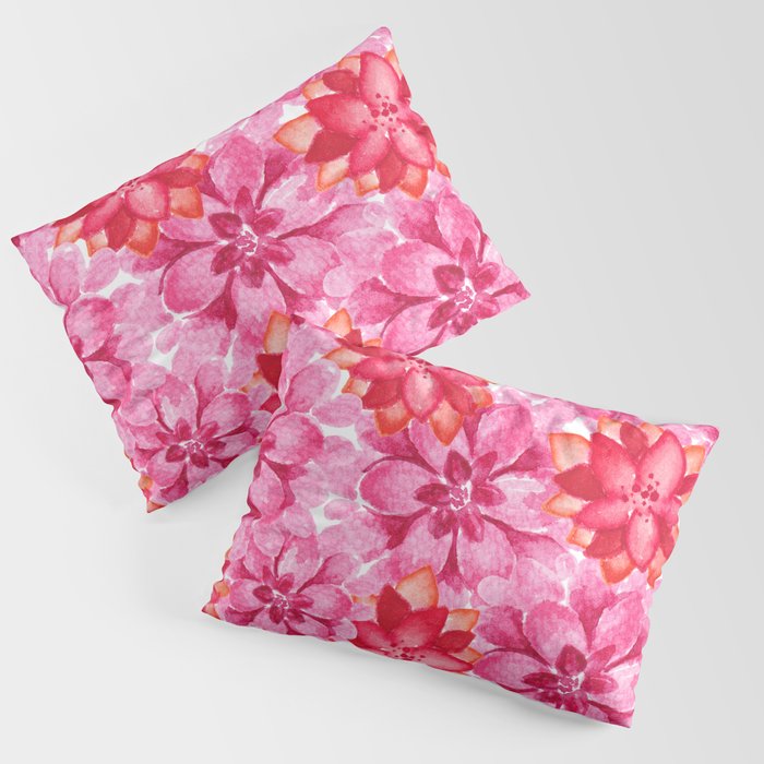 Neon pink red orange hand painted watercolor floral Pillow Sham
