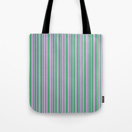 [ Thumbnail: Sea Green and Plum Colored Pattern of Stripes Tote Bag ]
