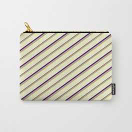 [ Thumbnail: Dark Khaki, Light Yellow & Indigo Colored Lined/Striped Pattern Carry-All Pouch ]