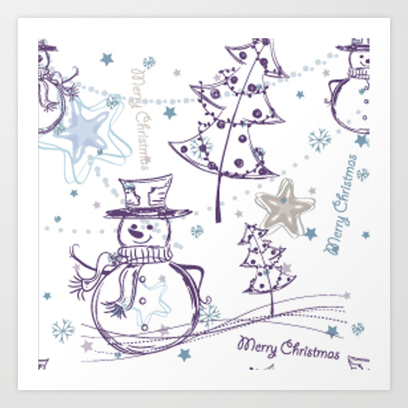 Christmas Elements Winter Snowman Sketch Pattern Art Print By Digitalbcon Society6
