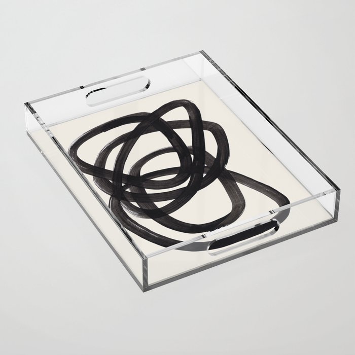 Mid Century Modern Minimalist Abstract Art Brush Strokes Black & White Ink Art Spiral Circles Acrylic Tray