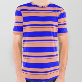 [ Thumbnail: Light Salmon & Blue Colored Lined/Striped Pattern All Over Graphic Tee ]
