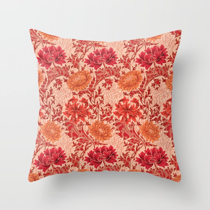 William Morris Chrysanthemums Coral Orange Throw Pillow By