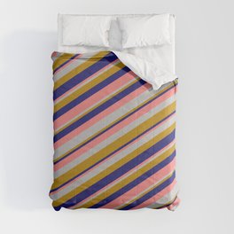 [ Thumbnail: Light Coral, Grey, Dark Goldenrod & Midnight Blue Colored Lines Pattern Comforter ]