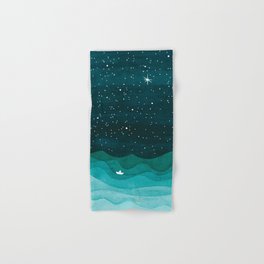 Starry Ocean, teal sailboat watercolor sea waves night Hand & Bath Towel