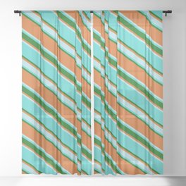 [ Thumbnail: Turquoise, Dark Green, Chocolate & Powder Blue Colored Lines Pattern Sheer Curtain ]
