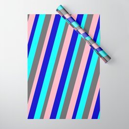 [ Thumbnail: Cyan, Dim Gray, Light Pink & Blue Colored Striped Pattern Wrapping Paper ]