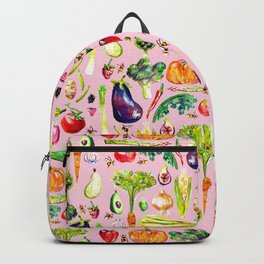 Veggie Party Pink Backpack | Tomato, Vegan, Coloredpencil, Veggies, Painting, Pattern, Carrot, Watercolor, Vegetables, Curated 