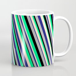 [ Thumbnail: Eyecatching Green, Bisque, Midnight Blue, Dark Grey, and Black Colored Lines/Stripes Pattern Coffee Mug ]