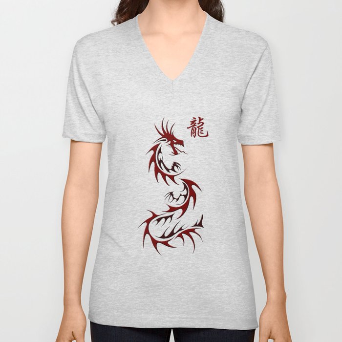 Asian Red Dragon Design V Neck T Shirt