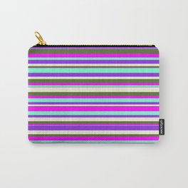 [ Thumbnail: Vibrant Aquamarine, Purple, Beige, Dark Olive Green & Fuchsia Colored Stripes Pattern Carry-All Pouch ]