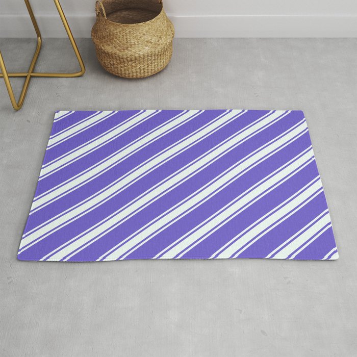 Slate Blue & Mint Cream Colored Pattern of Stripes Rug