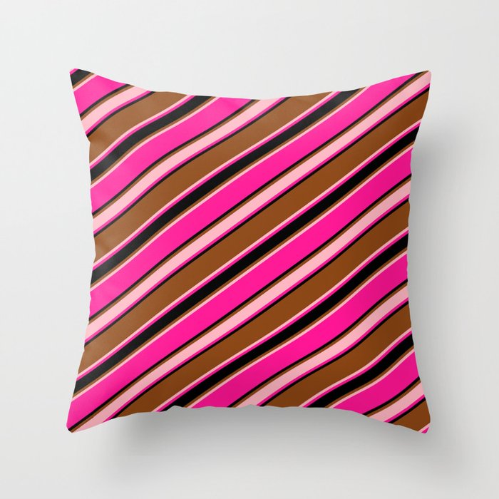 Brown, Light Pink, Deep Pink & Black Colored Stripes/Lines Pattern Throw Pillow
