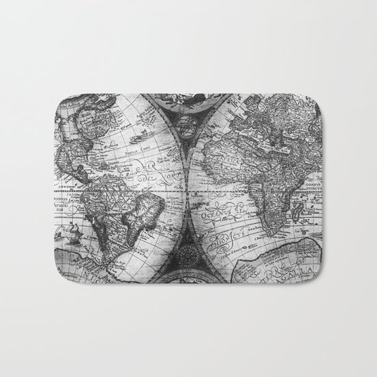 World Map Antique Vintage Black and White Bath Mat