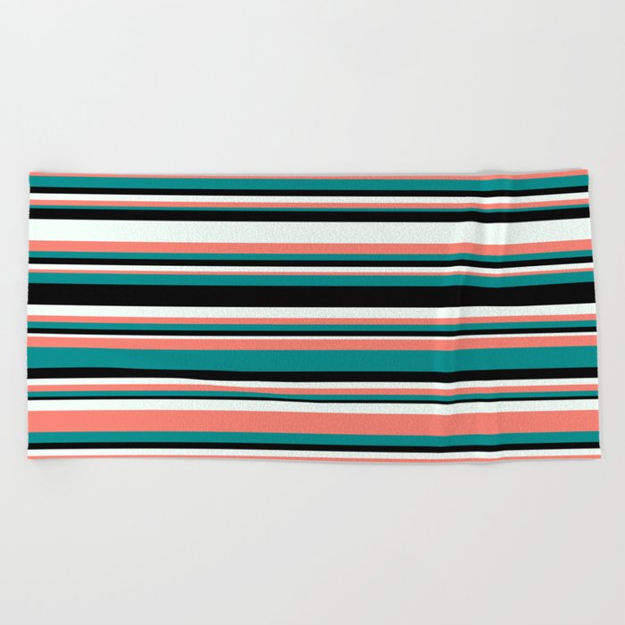 Mint Cream, Salmon, Dark Cyan & Black Colored Lined/Striped Pattern Beach Towel