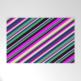 [ Thumbnail: Eyecatching Fuchsia, Bisque, Midnight Blue, Sea Green & Black Colored Lines/Stripes Pattern Welcome Mat ]