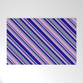[ Thumbnail: Light Slate Gray, Plum, and Dark Blue Colored Lines/Stripes Pattern Welcome Mat ]