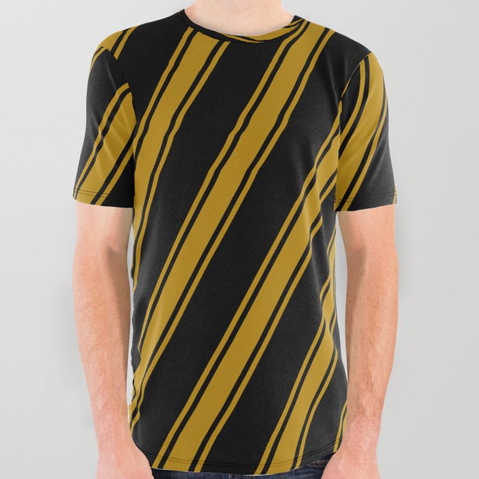 Black & Dark Goldenrod Colored Lines Pattern All Over Graphic Tee