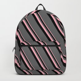 [ Thumbnail: Light Pink, Black, and Dim Gray Colored Lines/Stripes Pattern Backpack ]