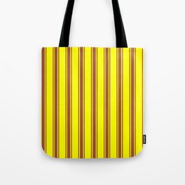 [ Thumbnail: Yellow and Sienna Colored Lined/Striped Pattern Tote Bag ]