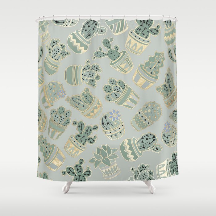 Mint Green Black Faux Gold Cactus Floral Shower Curtain By