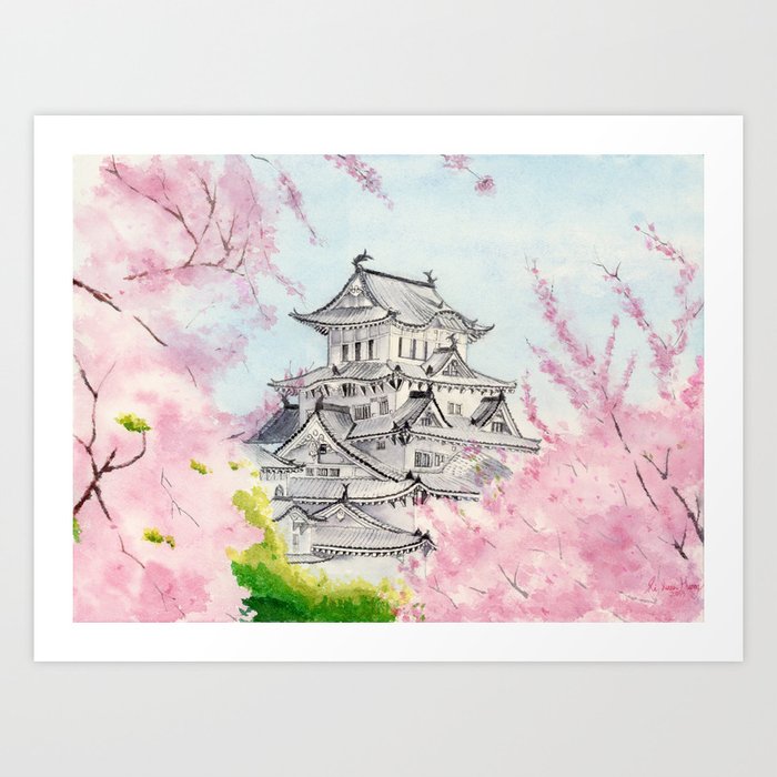 Himeji Castle , Art Watercolor Painting print by Suisai Genki , cherry blossom , Japanese Castle Art Print