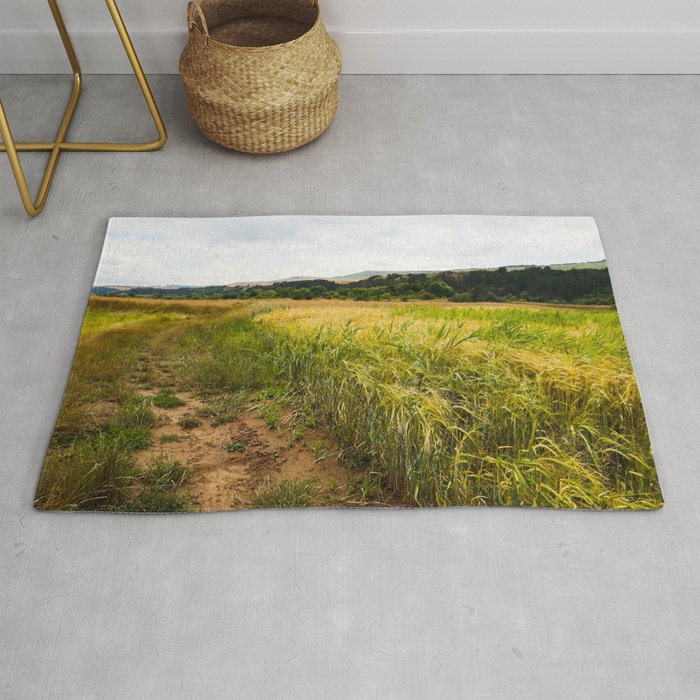 Trail though the wheat field to the river agriculture landscape  Rug