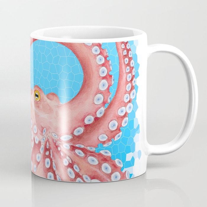 Red Octopus Blue Stained Glass Pattern Coffee Mug