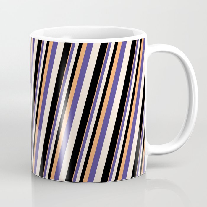 Brown, Dark Slate Blue, Beige & Black Colored Striped Pattern Coffee Mug