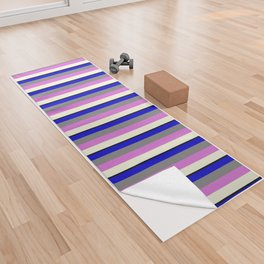[ Thumbnail: Vibrant Black, Blue, Grey, Orchid, and Beige Colored Striped/Lined Pattern Yoga Towel ]