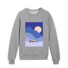 Vintage Travel Trailer- Red and White Camper- Christmas Eve in Snowy Mountains Kids Crewneck