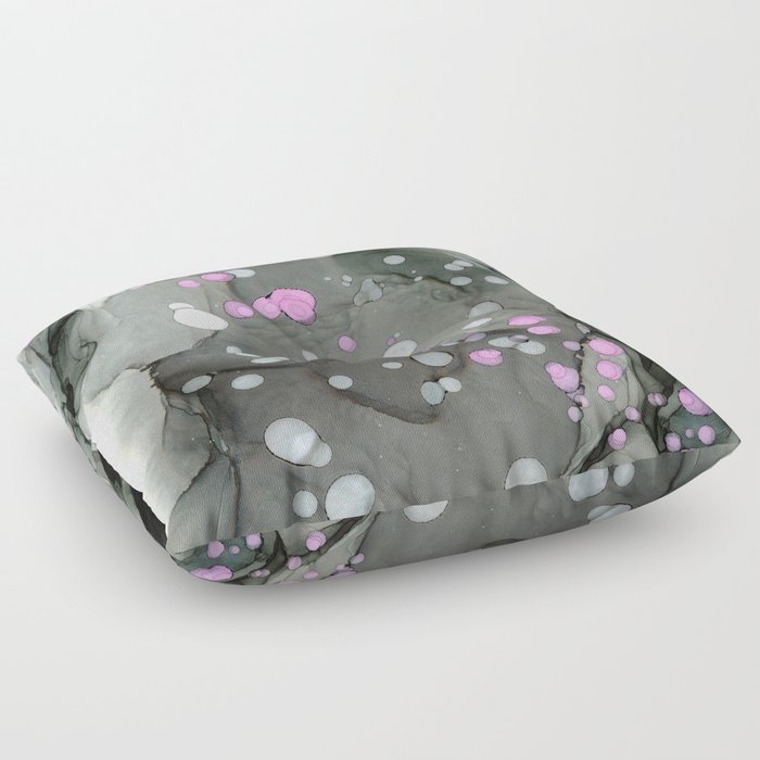 Charcoal with Pink dots Abstract 32622 Modern Alcohol Ink Painting by Herzart Floor Pillow