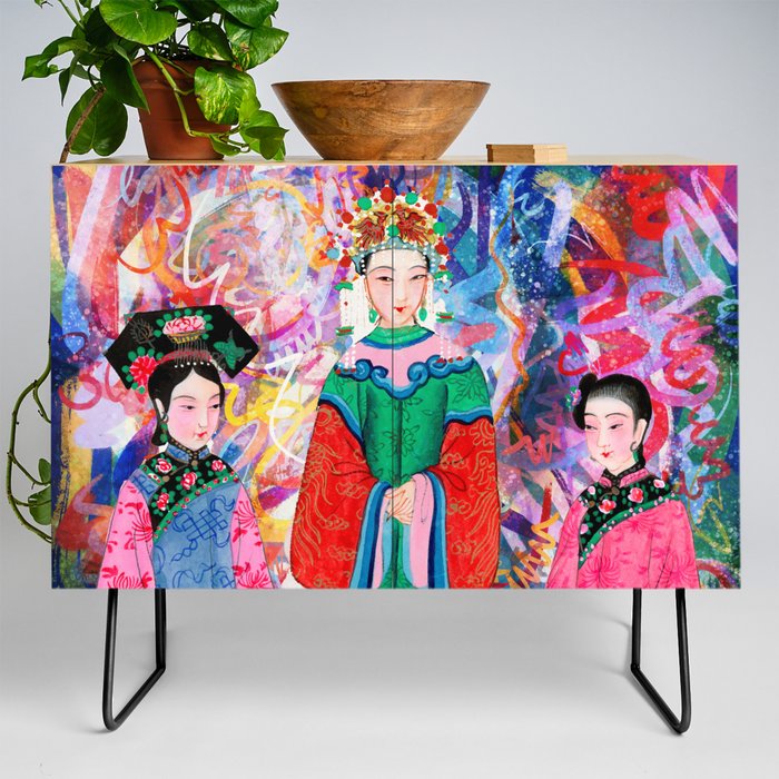 Ancient Chinese Costumes and Graffiti Pop Art Kitsch  Credenza