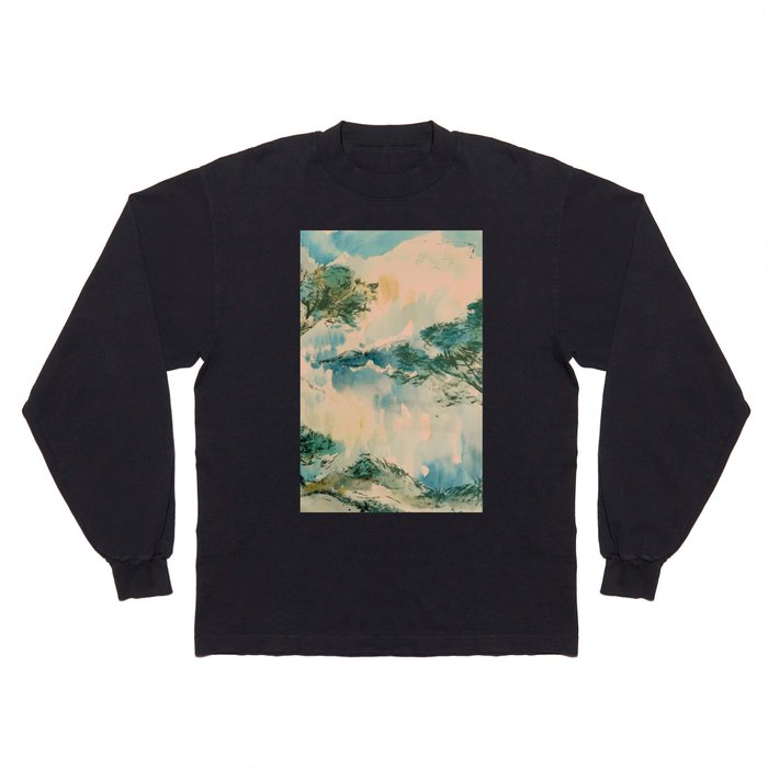 Vintage Hand Painted Green White Black Watercolor Landscape Long Sleeve T Shirt