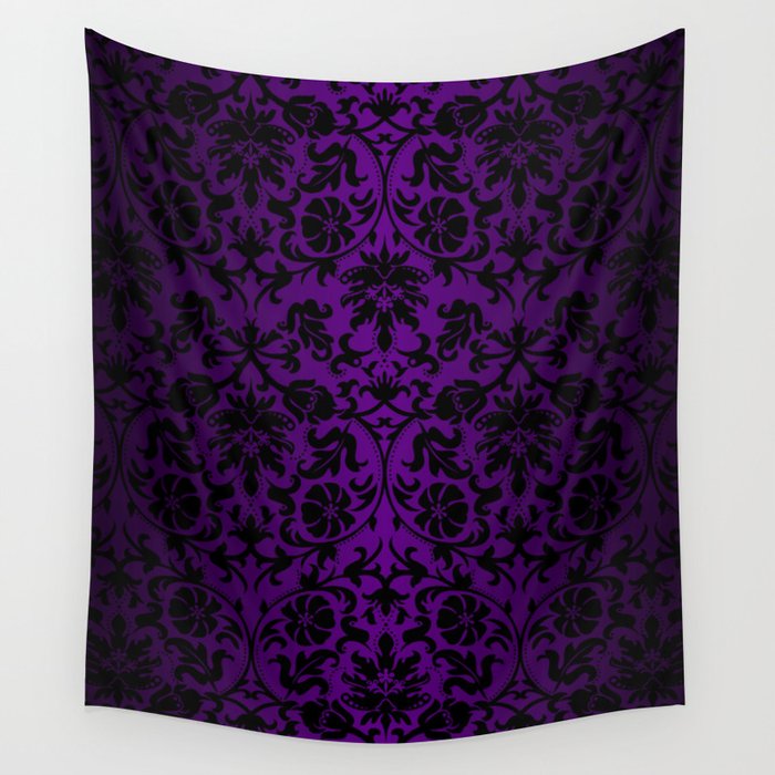 Purple and Black Damask Pattern Design Wall Tapestry