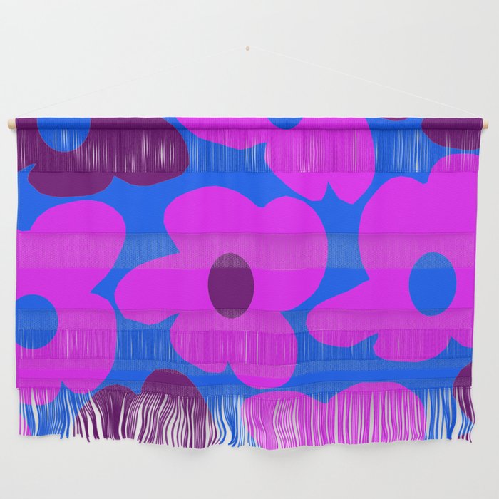 Large Pink and Purple Retro Flowers Blue Background #decor #society6 #buyart Wall Hanging